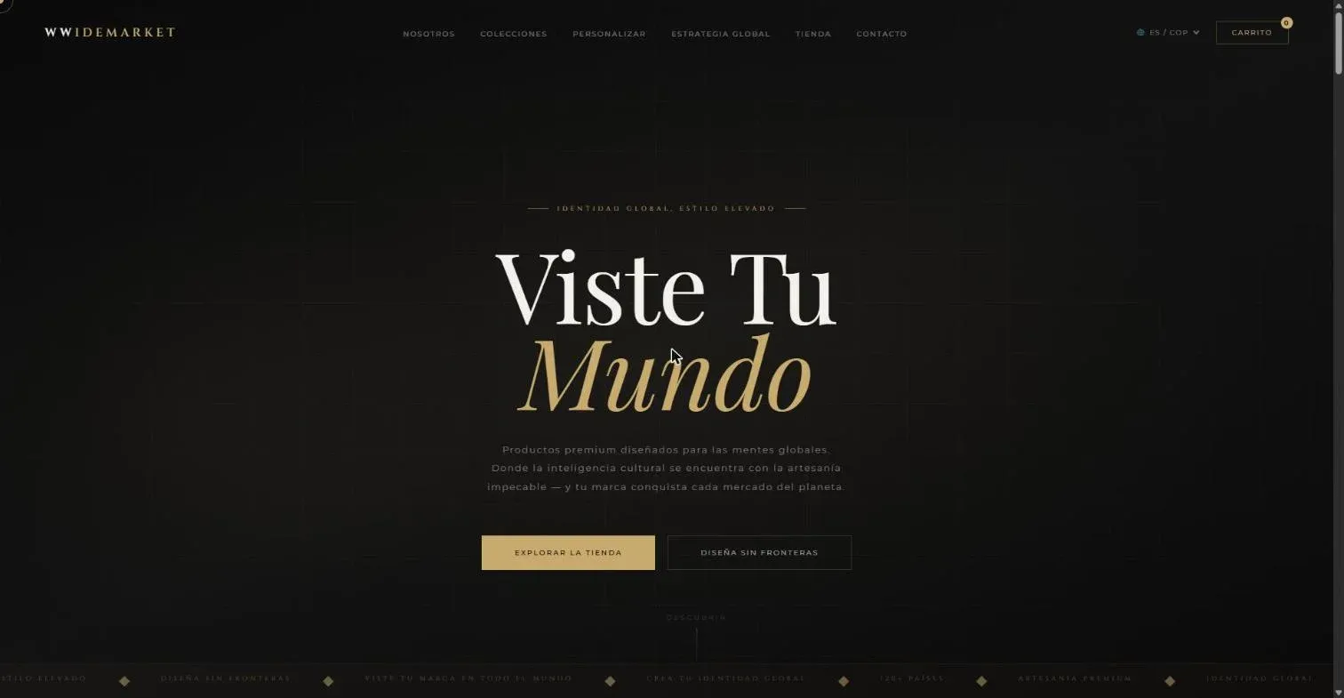 Portada de la tienda de práctica WWIDEMARKET en negro y dorado con el titular «Viste Tu Mundo».